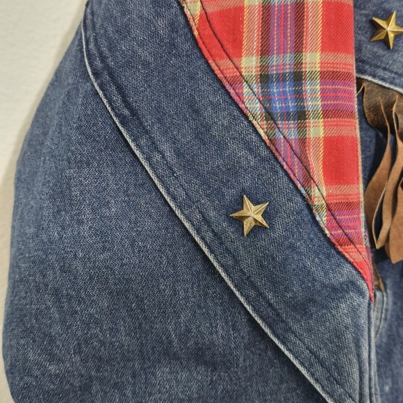 Hot Spices Vintage Denim & Plaid Western Fringe Jacket - Picture 5 of 10